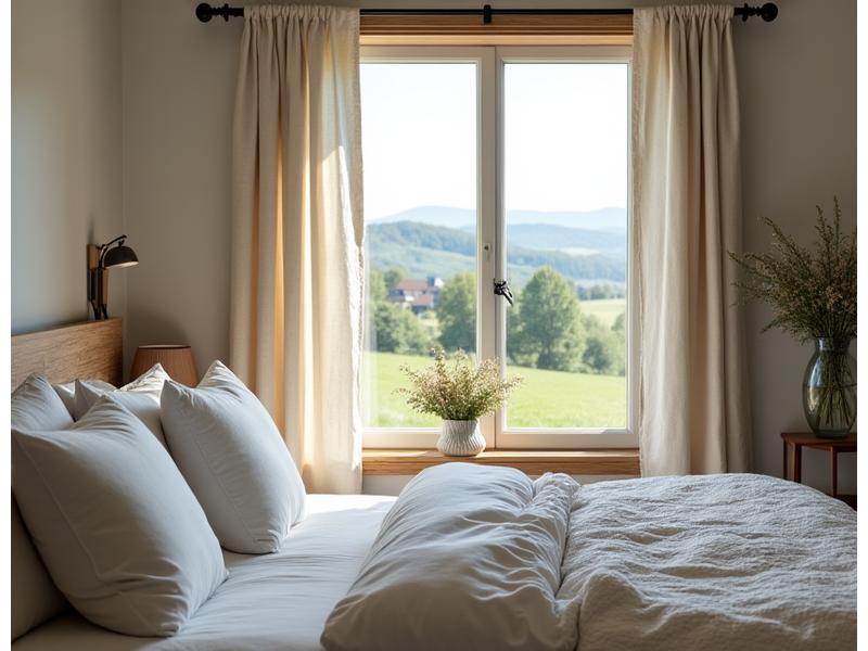 Detaljbilde av Landlig Idyll, soverom med utsikt over jorder