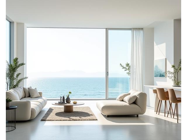 Minimalistisk Villa ved Sjøen - Åpen stue, lyse farger